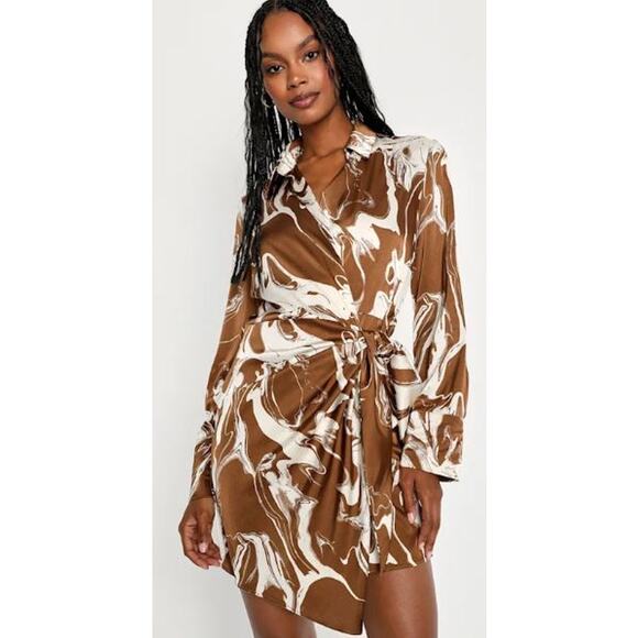 Lulus XS Satin Collared Wrap Dress Artistic Aesthetic Brown Swirl Fall Autumn - Picture 1 of 12